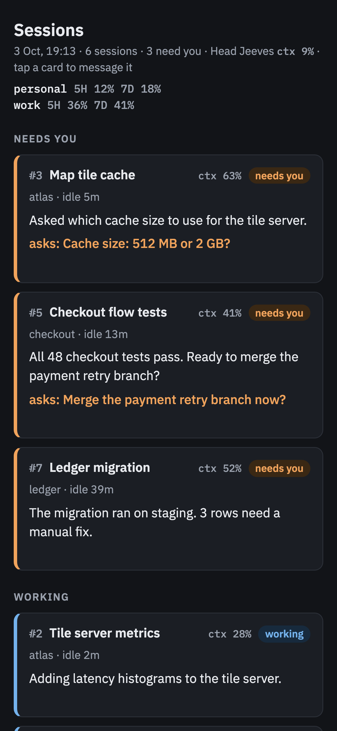 The session board on a phone: cards grouped under Needs you and Working, each with the terminal number, title, repo, context use and the session's last text.