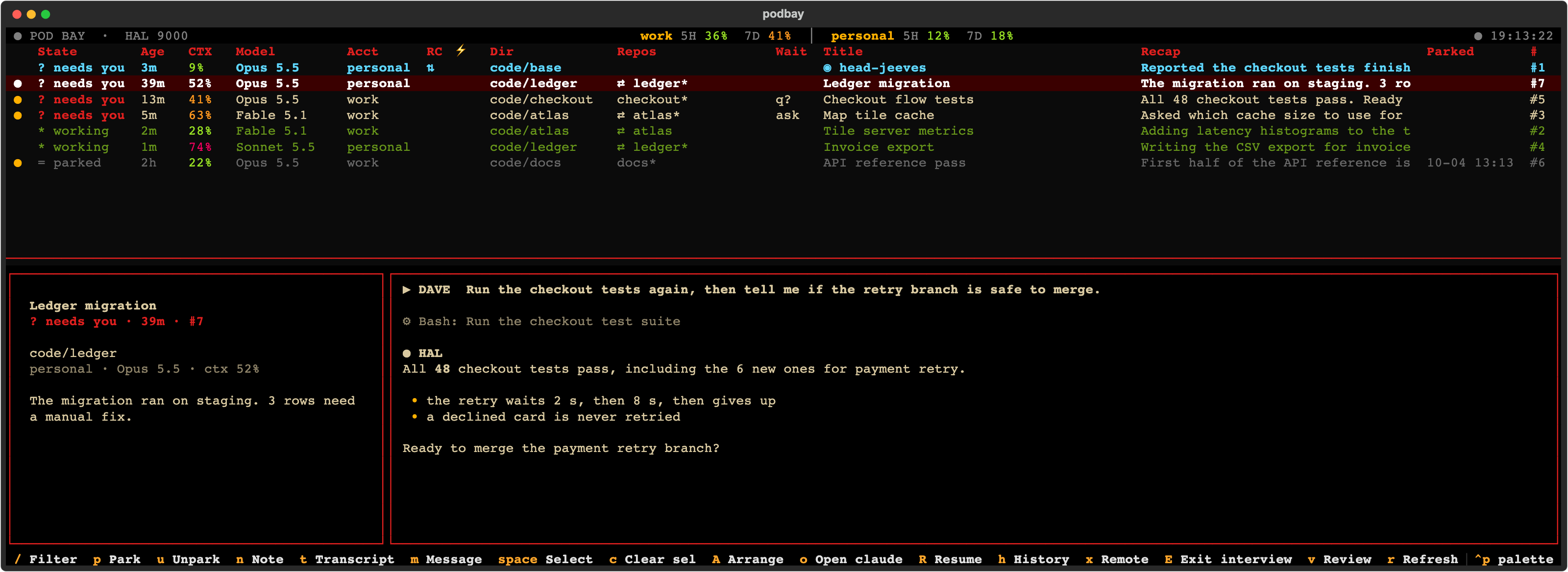 The podbay console: a table of seven Claude Code sessions with their state, age, context use, model, account, directory and title, the account quotas in the header, and the selected session's conversation below.